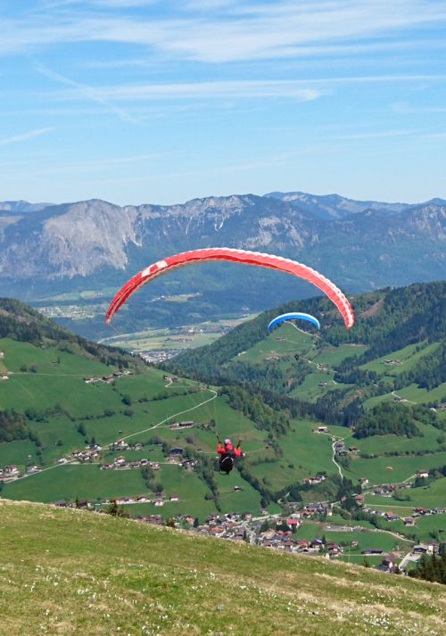 Paragliders flying above a green alpine valley with panoramic mountain views