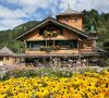 Traditional Tyrolean wooden house with flower-filled balcony and colorful cottage garden