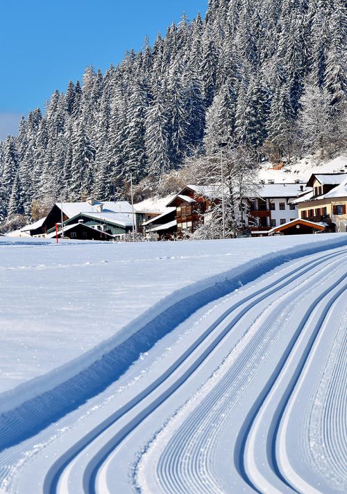 Freshly groomed cross-country ski trail in a sunny alpine winter landscape