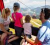 Family with two children inside a gondola lift enjoying panoramic views of the Alps